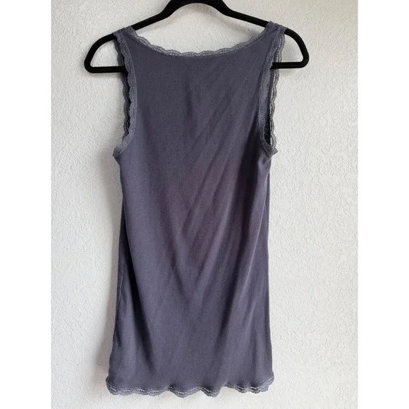 American Eagle Outfitters Gray Ribbed Lace Trim Tank Top Women L Large Logo - Picture 2 of 8